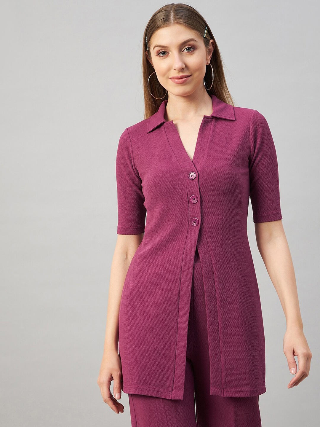 

Orchid Blues Women Spread Collar Longline Casual Shirt, Mauve