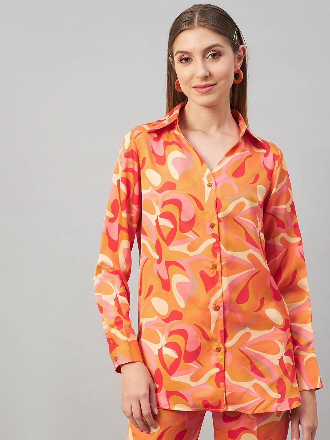 

Orchid Blues Women Abstract Printed Casual Shirt, Orange