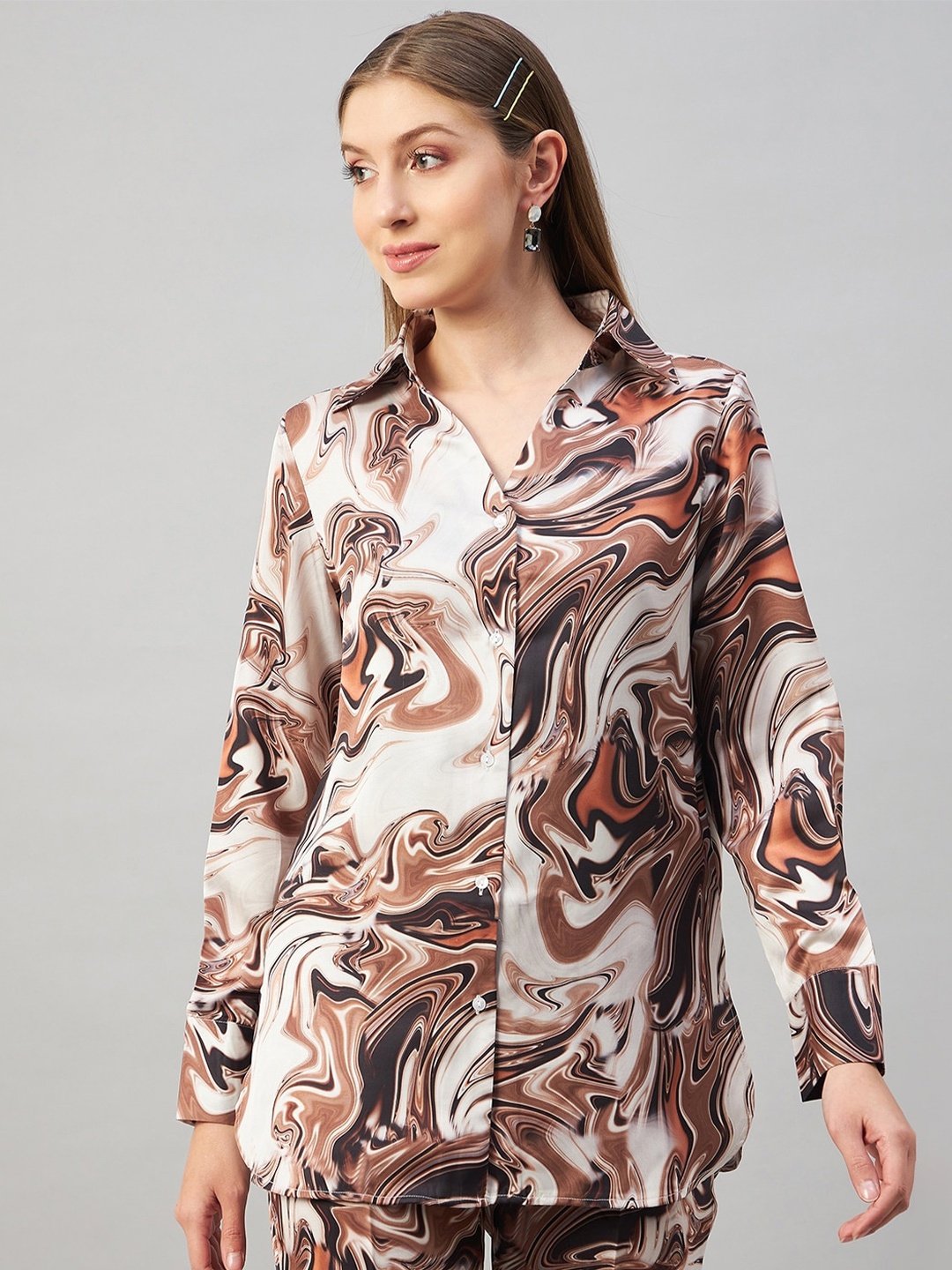 

Orchid Blues Women Abstract Printed Casual Shirt, Brown