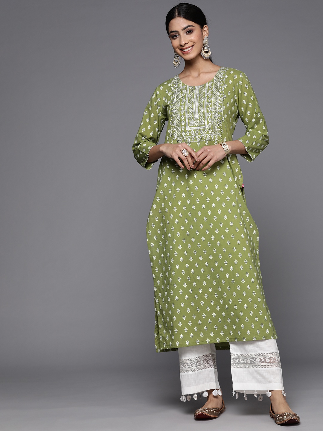 

Varanga Ethnic Motifs Yoke Design Gotta Patti Cotton Kurta, Olive