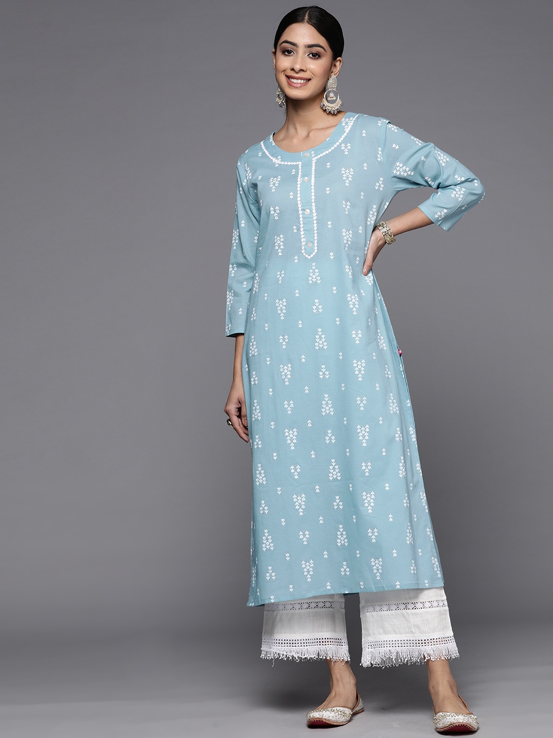 

Varanga Floral Printed Thread Work Block Print Cotton Kurta, Turquoise blue
