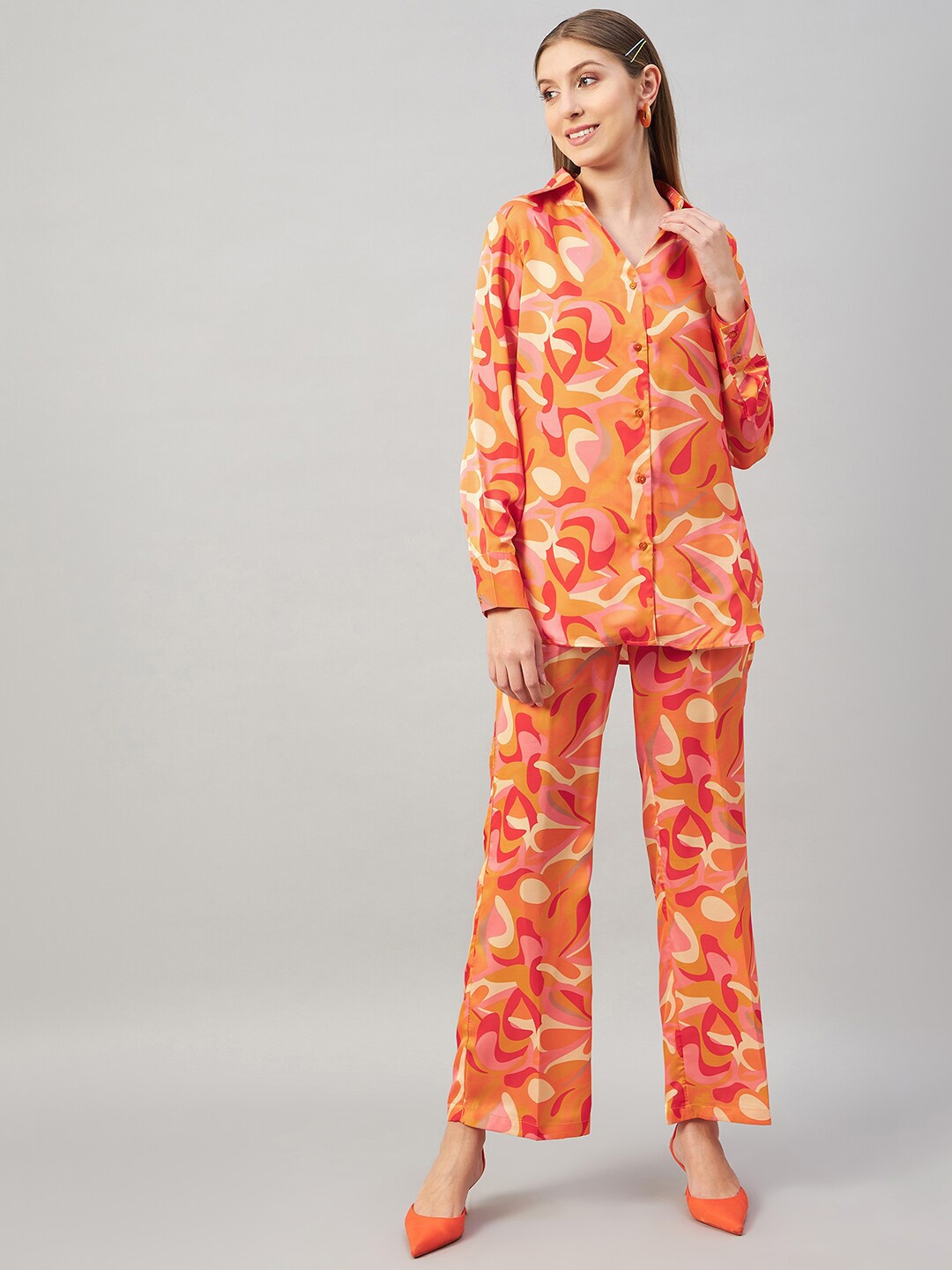 

Orchid Blues Women Printed Shirt with Trousers, Orange
