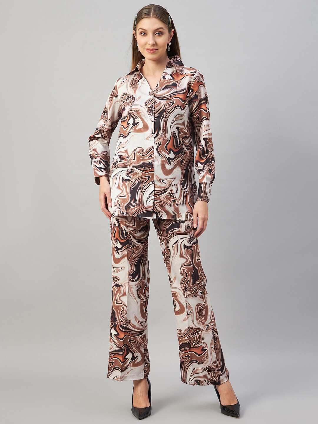 

Orchid Blues Women Abstract Printed Shirt with Trouser, Brown
