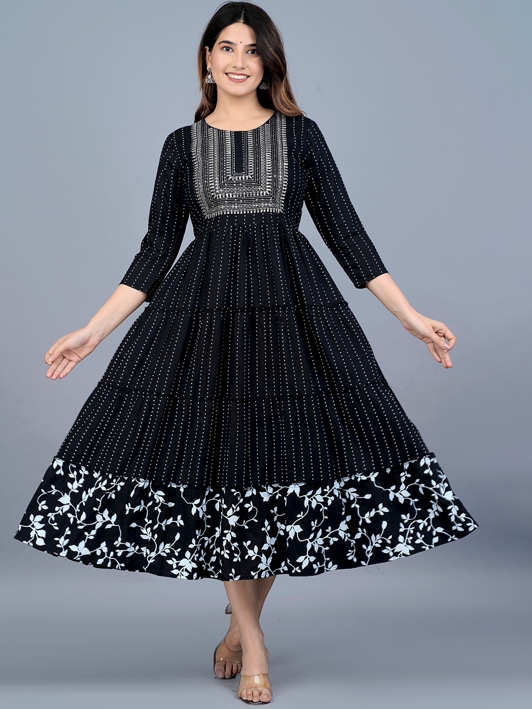

KALINI Women Polka Dots Printed Yoke Design Tiering Anarkali Kurta, Black