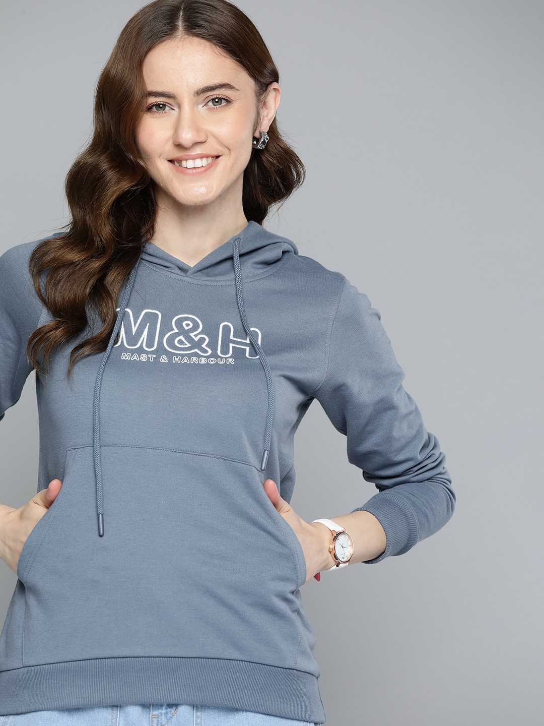 

Mast & Harbour Brand Logo Printed Hooded Sweatshirt, Blue