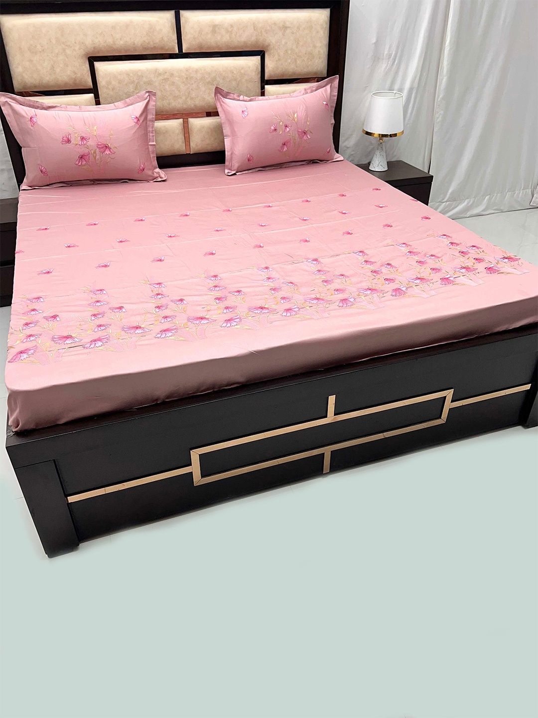 

Pure Decor Pink Floral Embroidered Pure Cotton King Bedsheet with 2 Pillow Covers