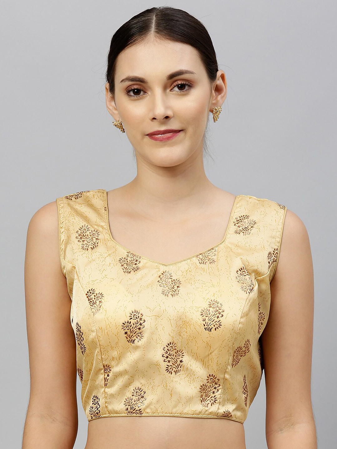 

Amrutam Fab Printed Silk Sleeveless Saree Blouse, Beige