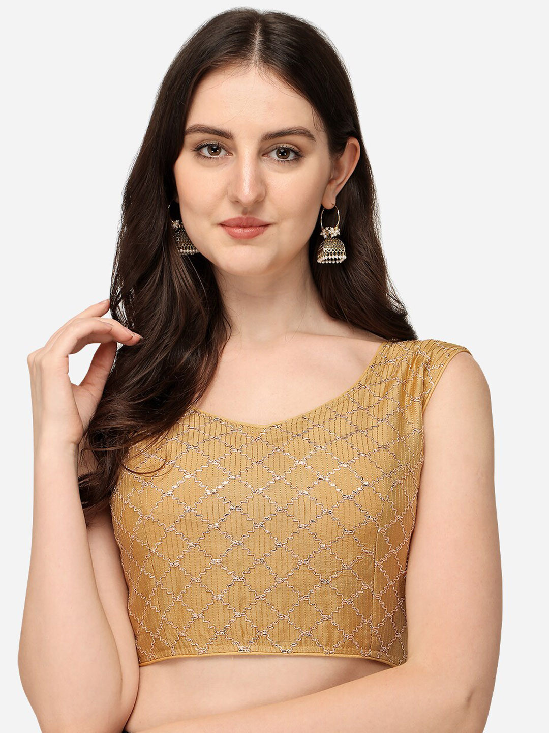 

Amrutam Fab Chanderi Embroidered Work Round Neck Saree Blouse, Beige