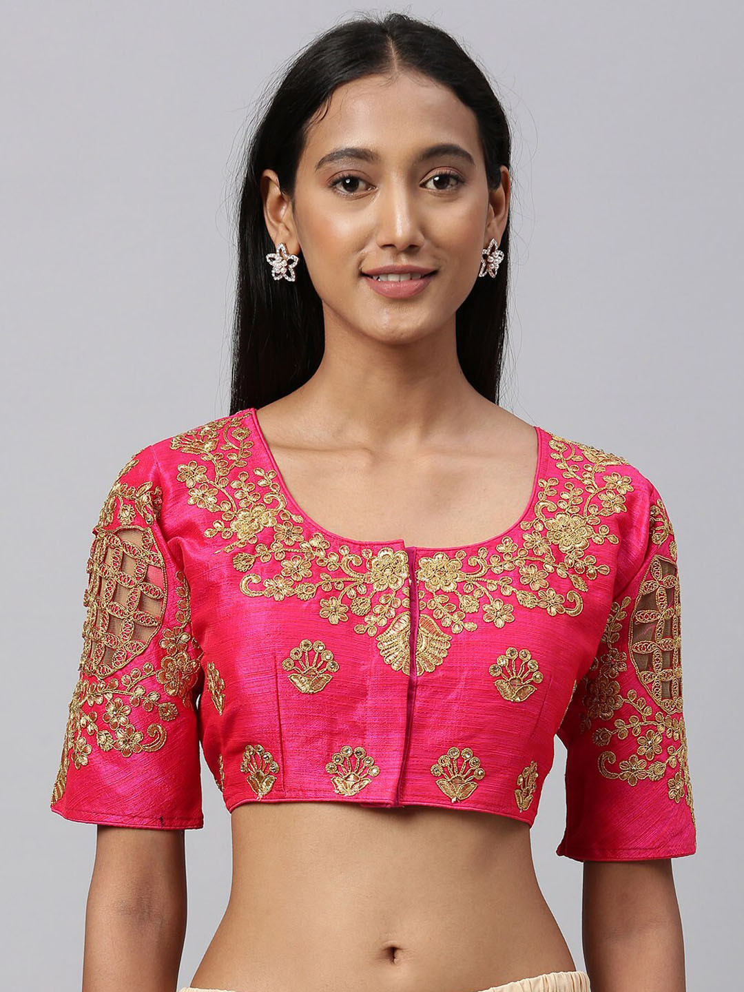 

Amrutam Fab Embroidered Silk Round Neck Saree Blouse, Pink