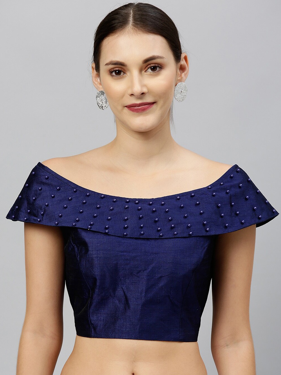 

Amrutam Fab Embellished Silk Boat Neck Saree Blouse, Navy blue