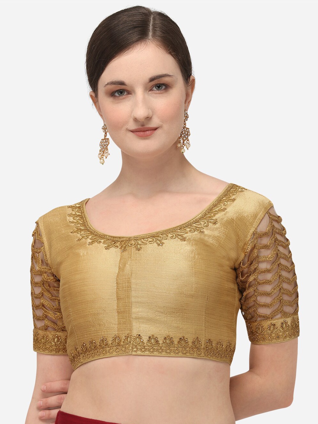 

Amrutam Fab Embroidered Round-Neck Saree Blouse, Beige