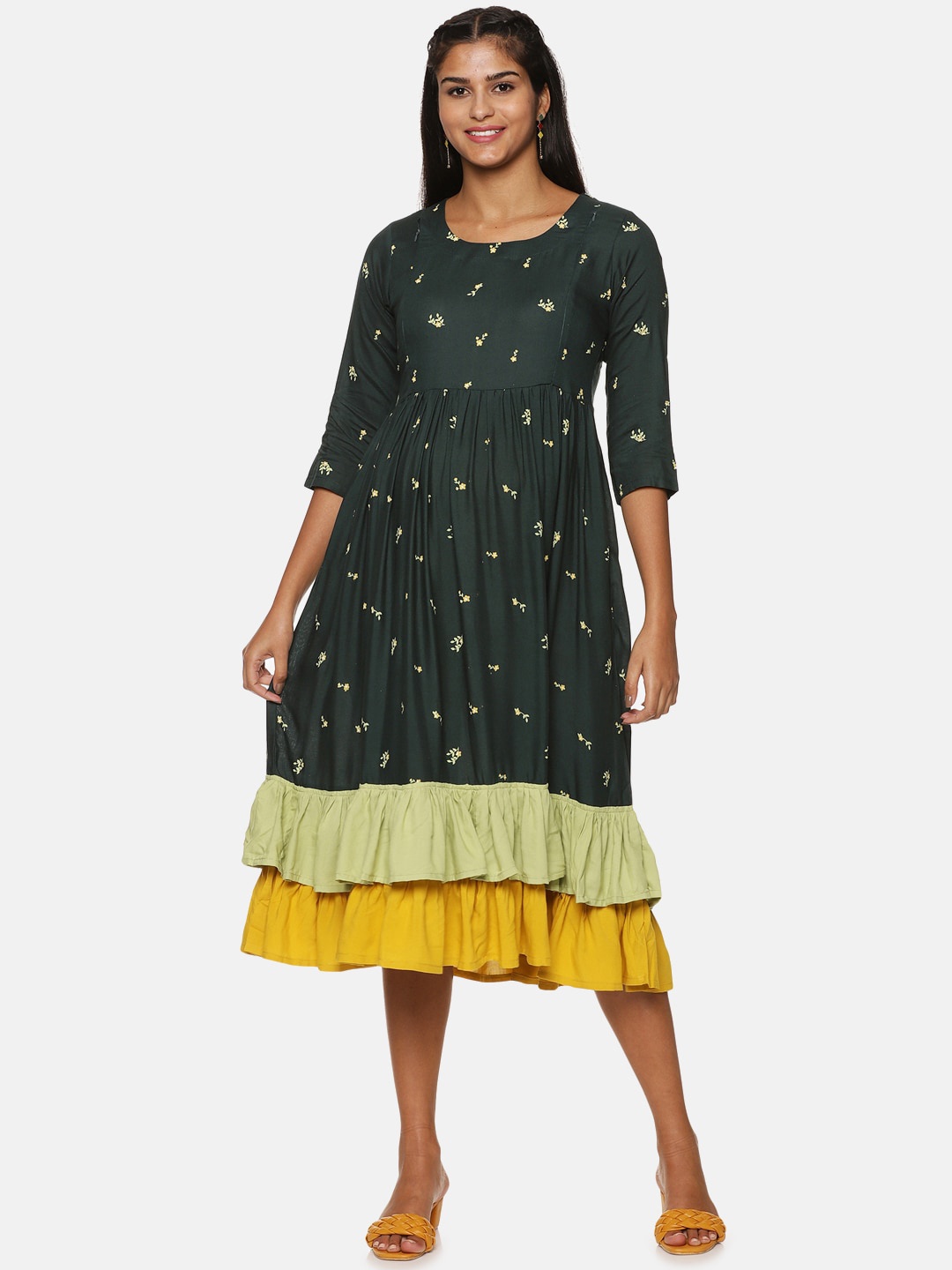 

CHARISMOMIC Ruffle Floral Maternity Midi Dress, Green
