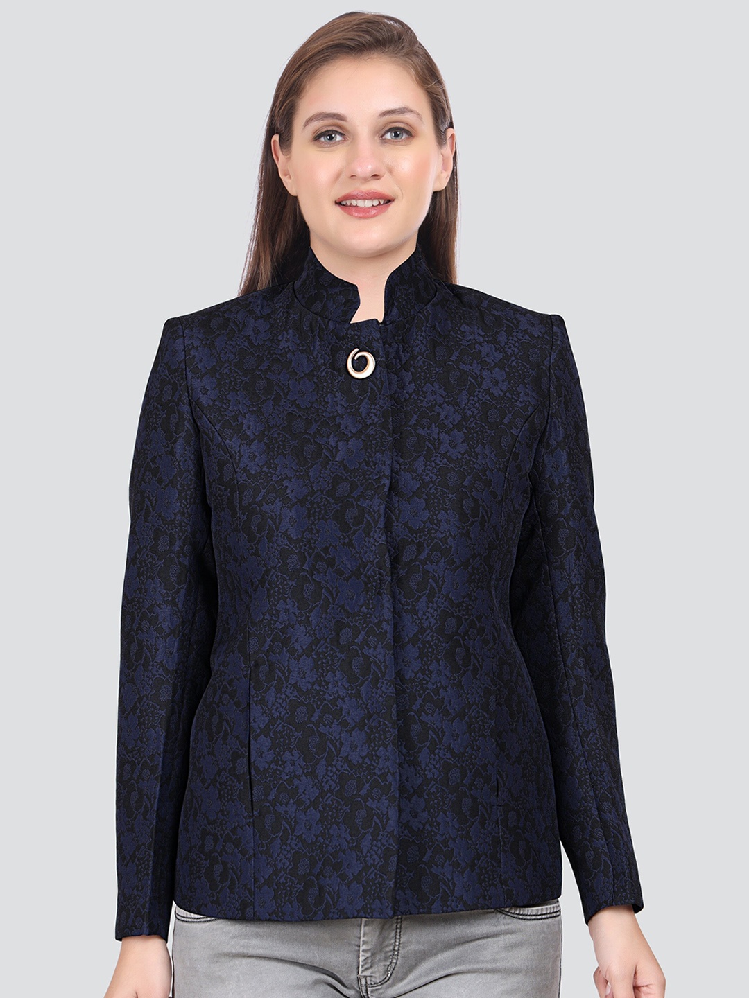 

YOUNG CLUB CLASSIC Women Floral Printed Wool Regular Fit Overcoat, Navy blue