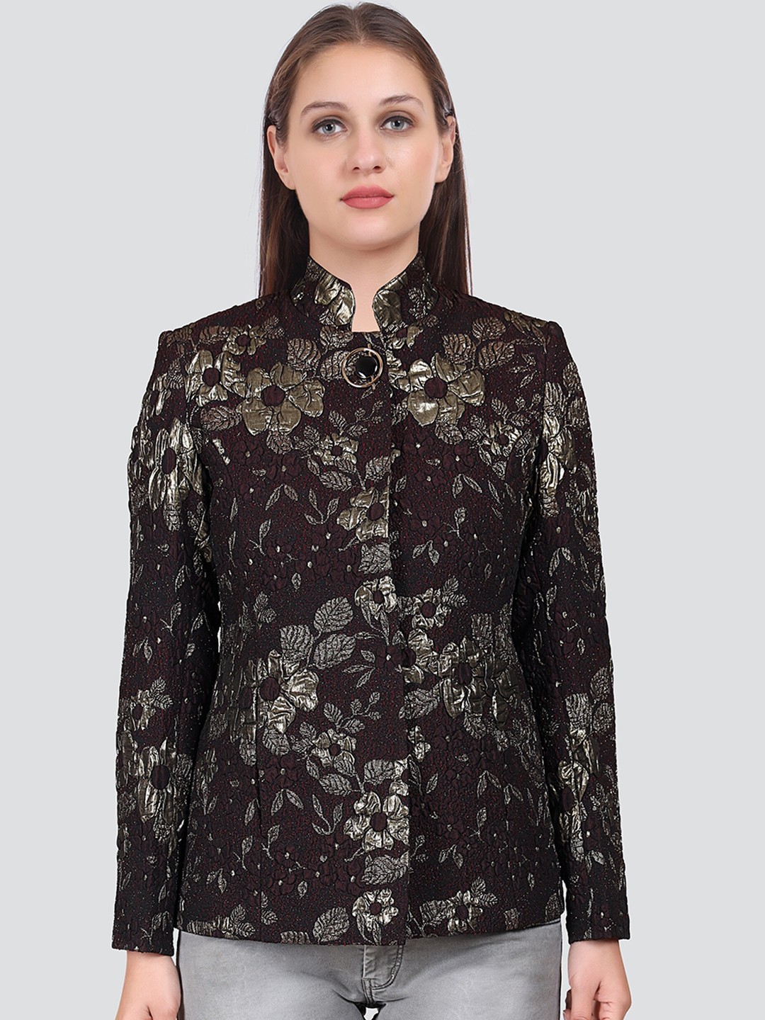 

YOUNG CLUB CLASSIC Women Floral Printed Wool Regular Fit Overcoat, Maroon