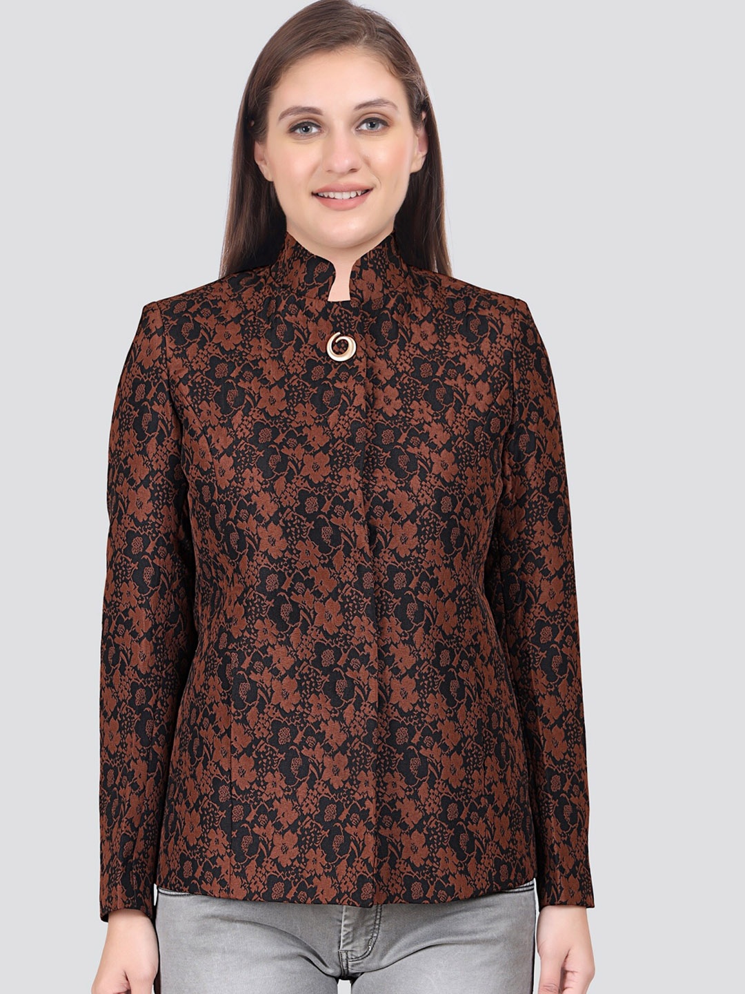 

YOUNG CLUB CLASSIC Women Floral Printed Wool Regular Fit Overcoat, Brown
