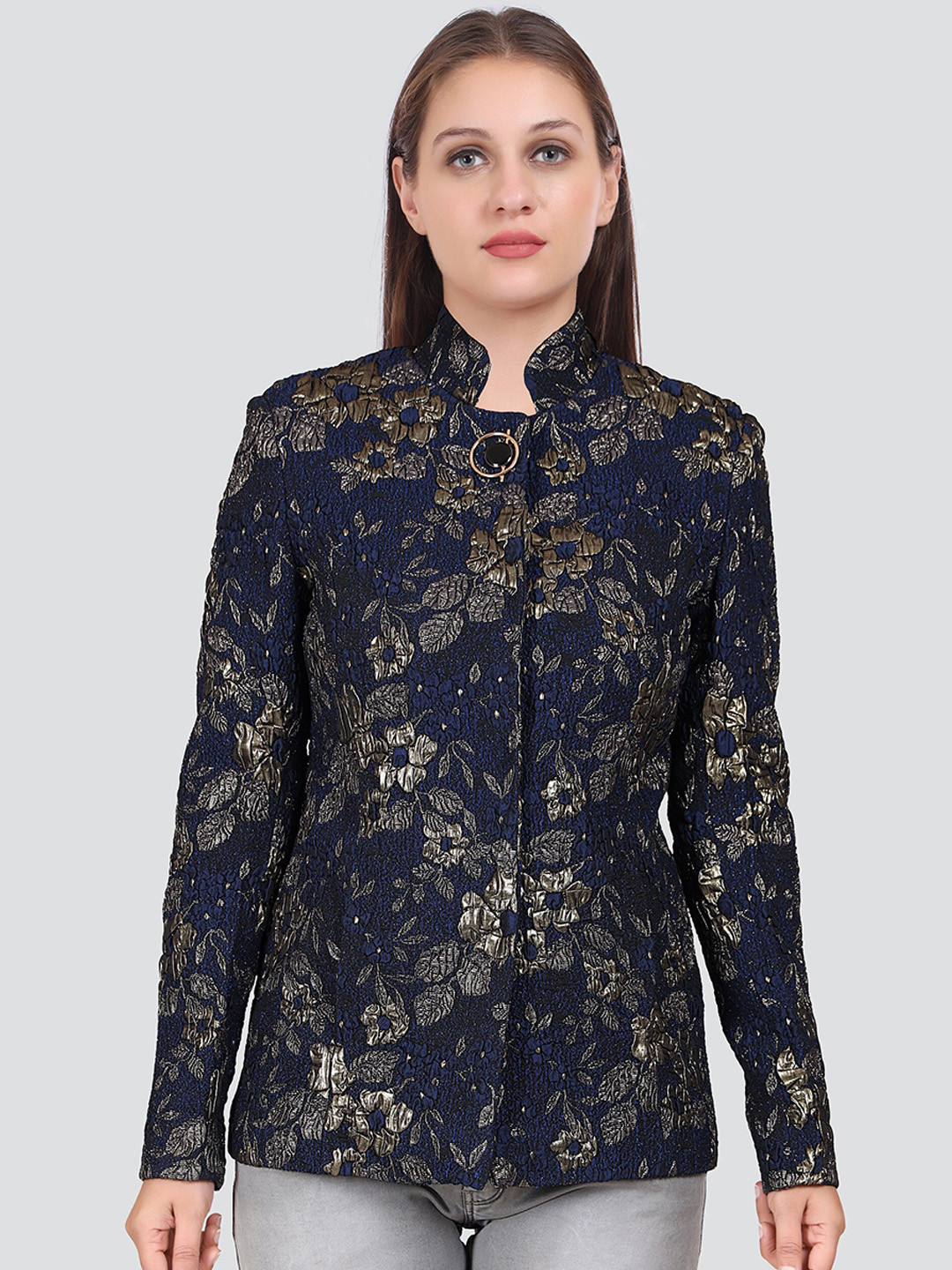 

YOUNG CLUB CLASSIC Women Floral Printed Wool Regular Fit Overcoat, Navy blue