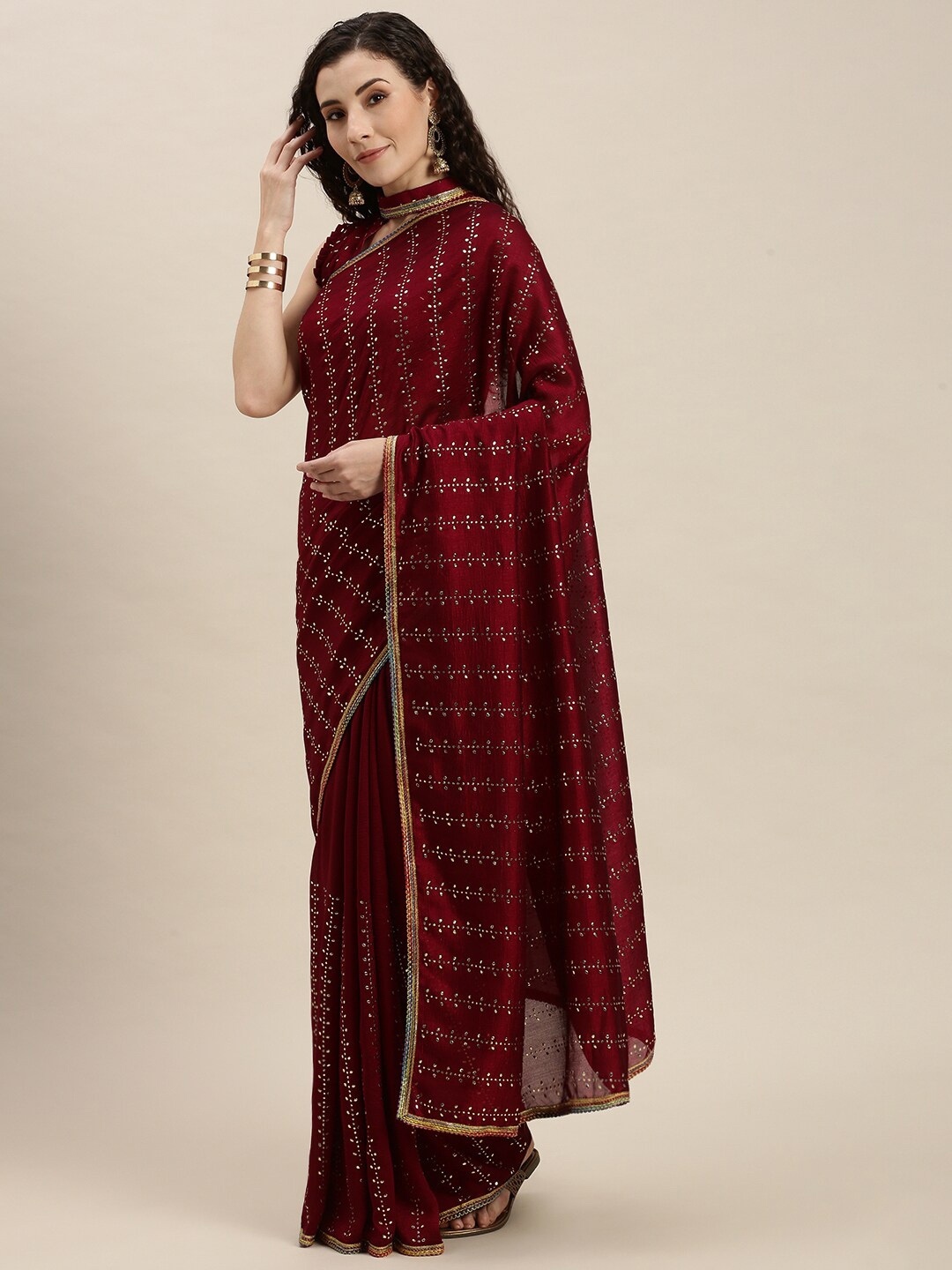 

Amrutam Fab Embellished Beads and Stones Saree, Maroon