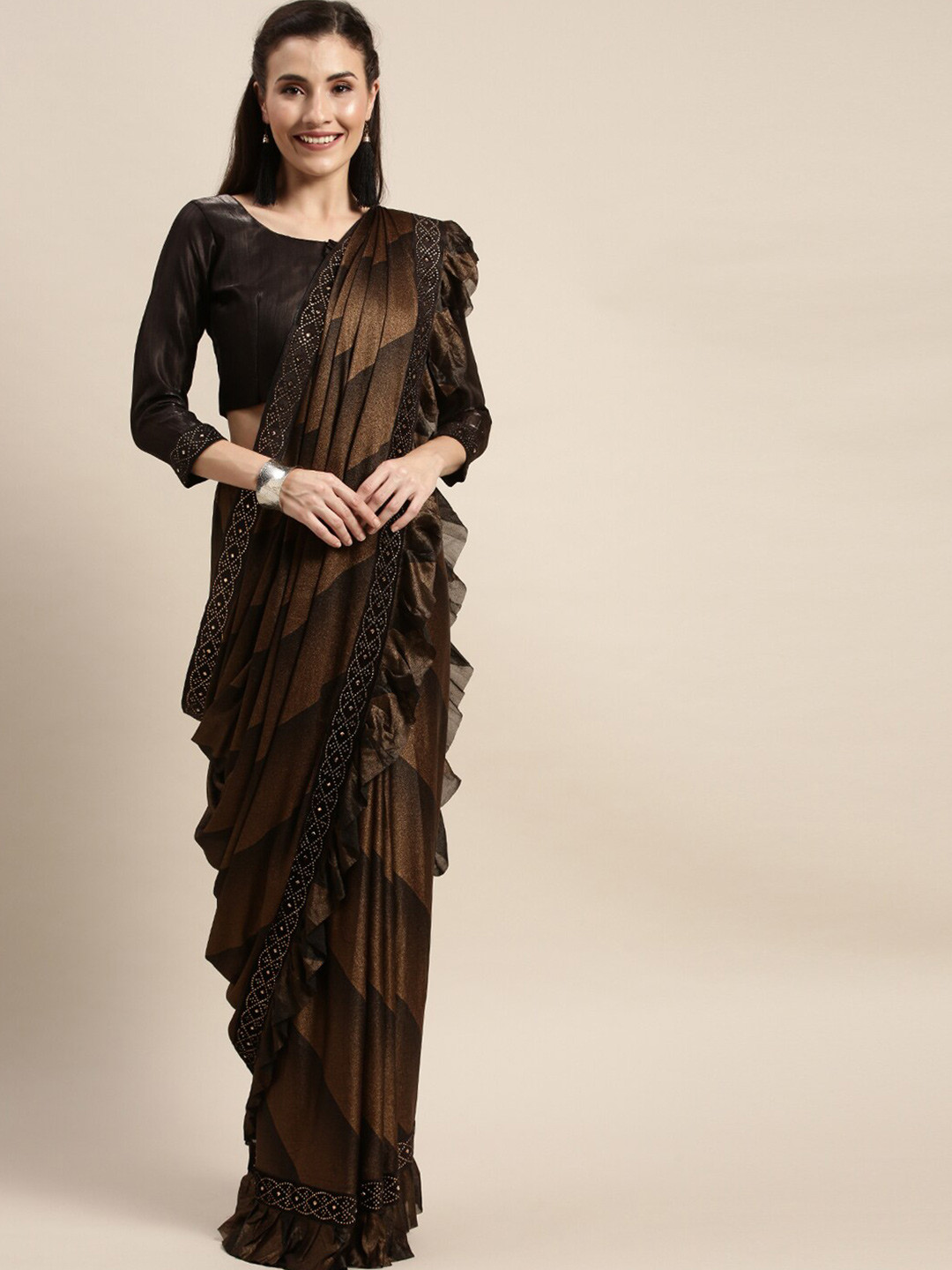 

Amrutam Fab Striped Beads and Stones Boarder Ruffles Saree, Brown