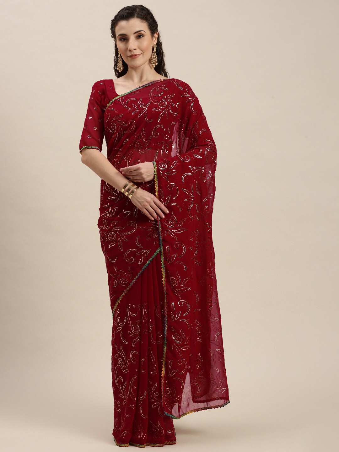 

Amrutam Fab Floral Embellished Beads and Stones Saree, Maroon