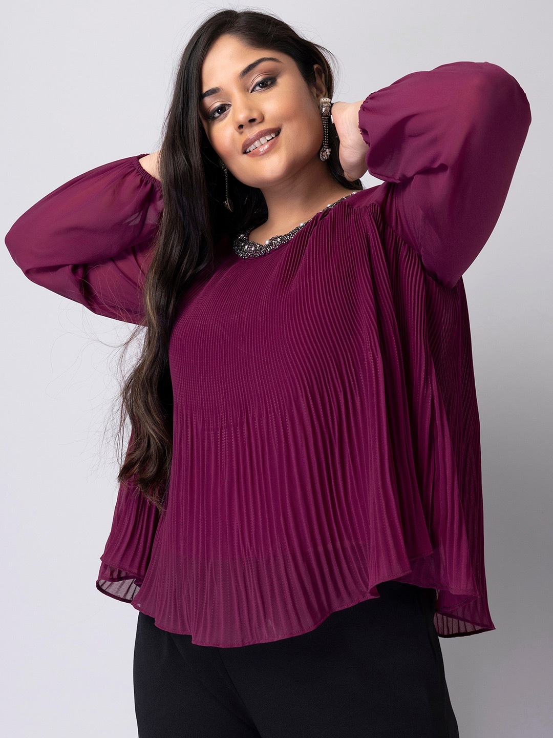

FabAlley Curve Plus Size Embellished Georgette Top, Purple