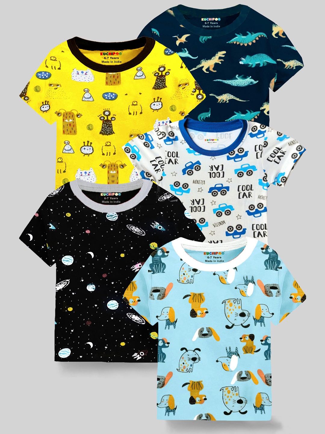 

KUCHIPOO Boys Pack Of 5 Printed Pure Cotton T-shirt, Blue