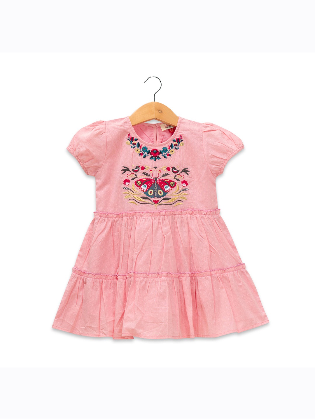 

JusCubs Girls Floral Embroidered Puff Sleeves Tiered Cotton Fit & Flare Dress, Pink