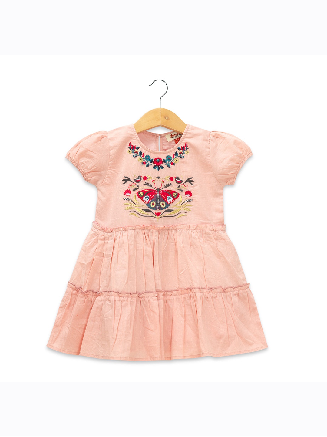 

JusCubs Girls Floral Embroidered Puff Sleeves Cotton Fit & Flare Dress, Peach