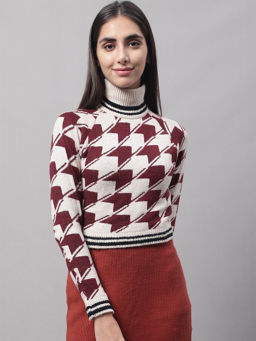 

NoBarr Women Geometric Printed Acrylic Crop Pullover, Red