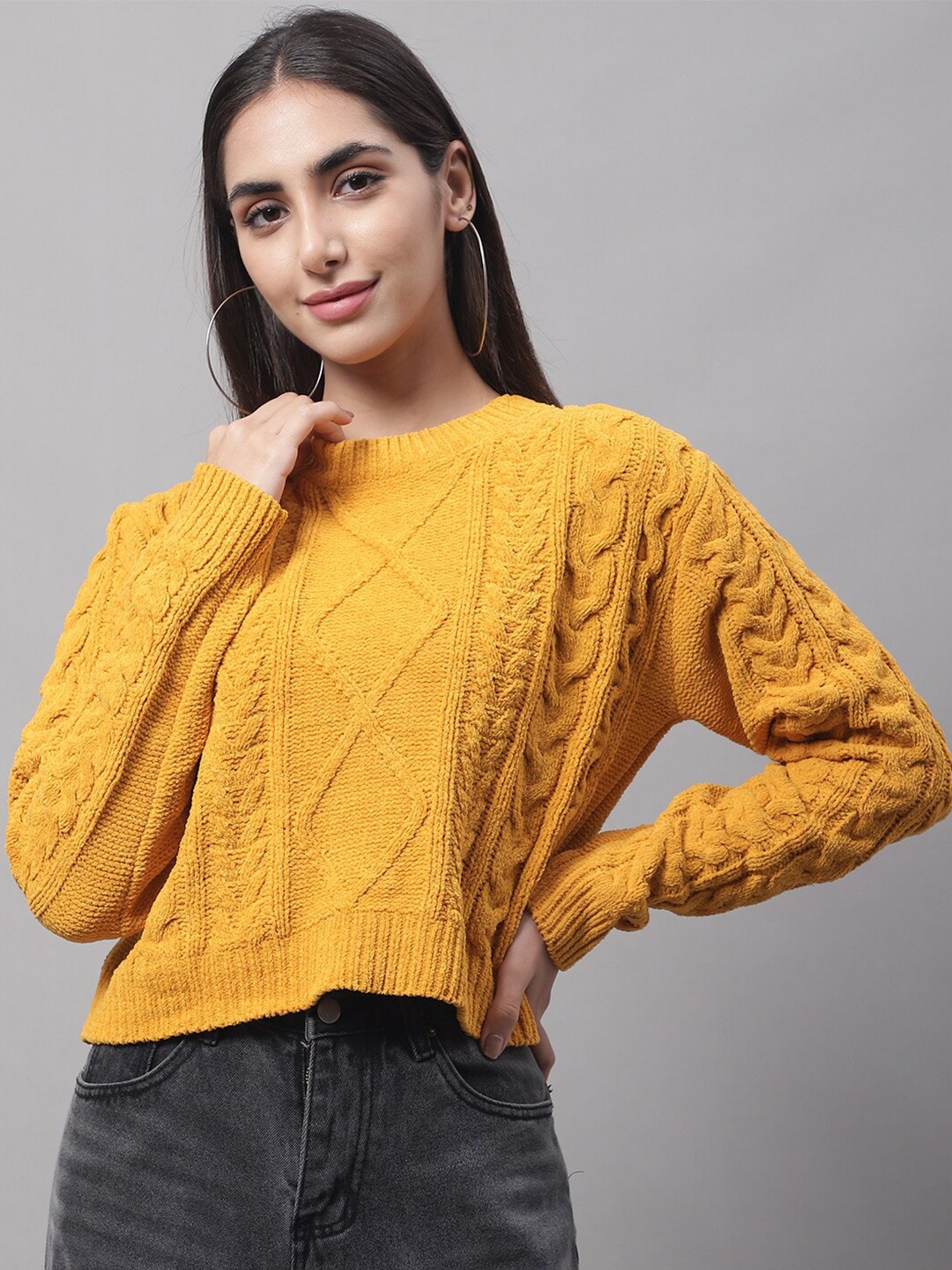 

NoBarr Women Cable Knit Acrylic Crop Pullover, Yellow