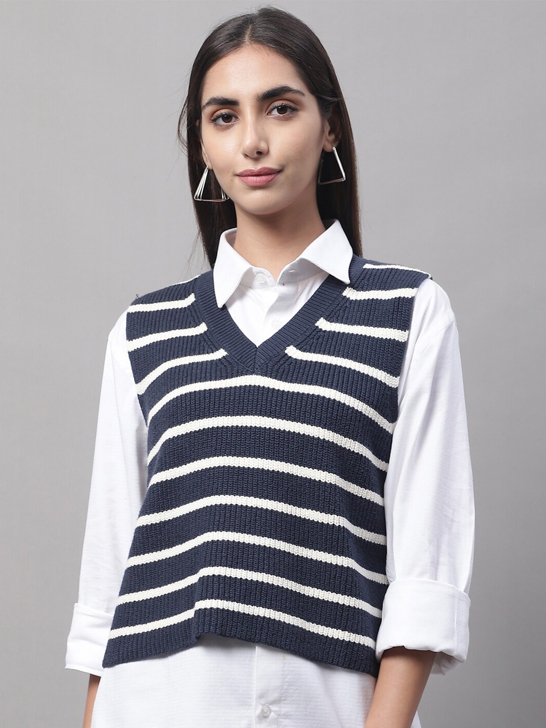 

NoBarr Women Striped Cotton Sweater Vest, Blue