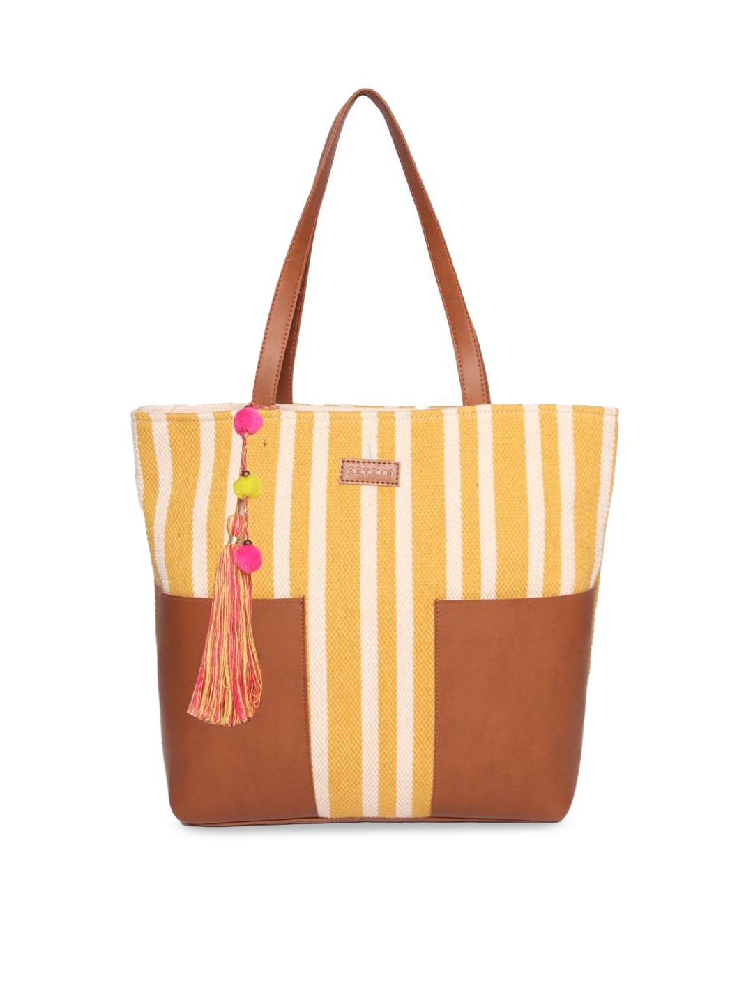 ASTRID Yellow Striped Shopper Tote Bag with Tasselled