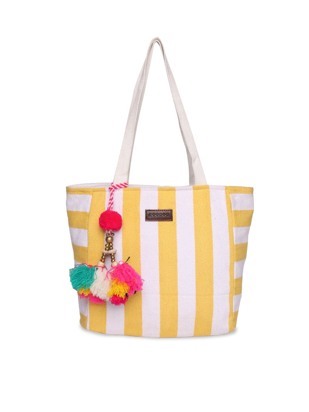 ASTRID Yellow Striped Oversized Shopper Tote Bag with Tasselled