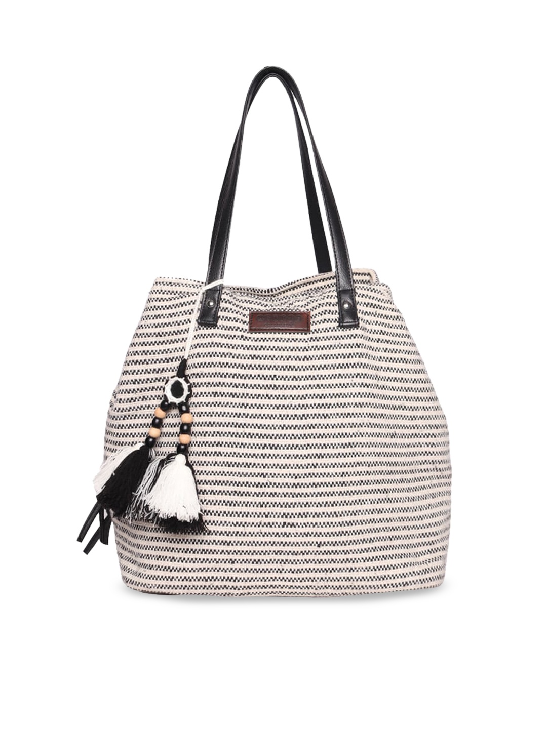 ASTRID Striped Tasselled Shopper Tote Bag, Black