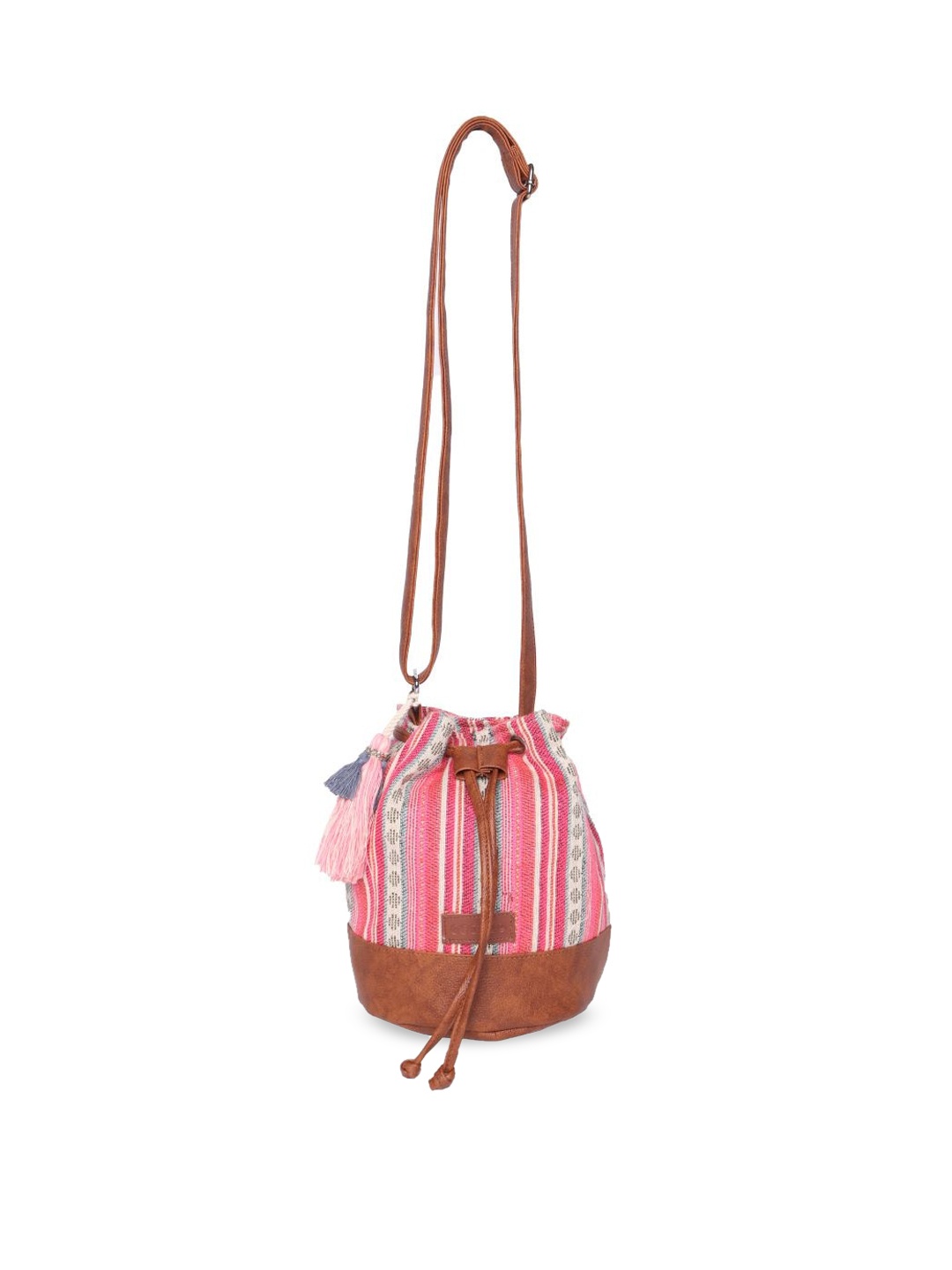 

ASTRID Self Design Drawstring Closure Bucket Sling Bag with Tassel, Pink