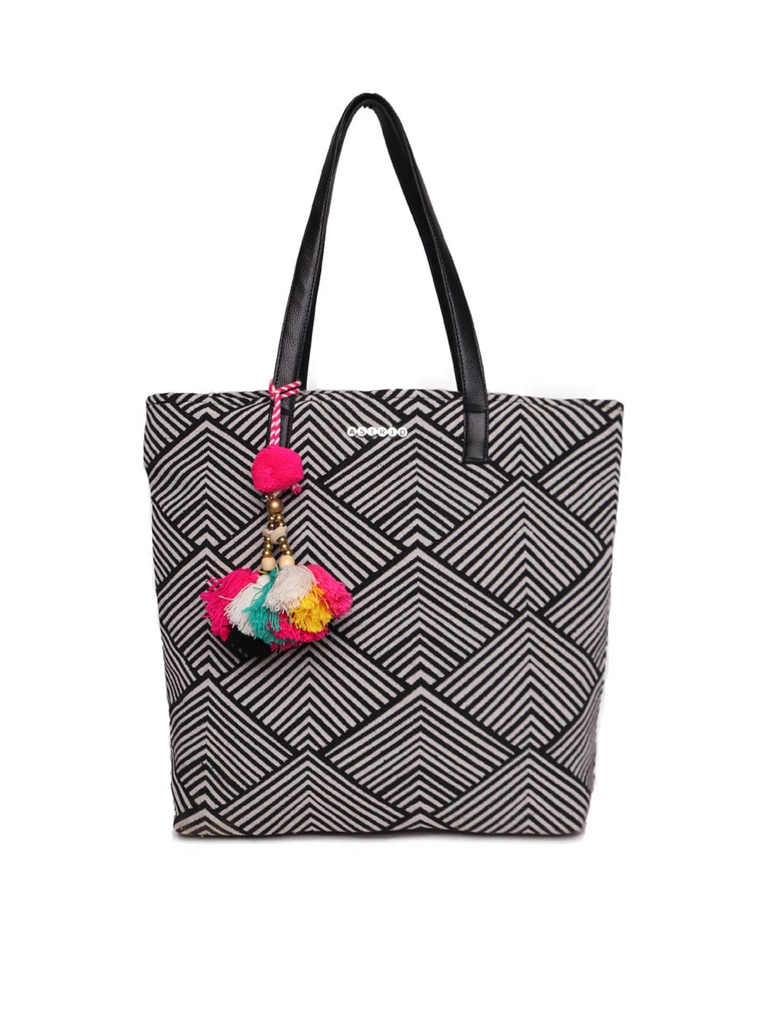 

ASTRID Geometric Printed Oversized Shopper Tote Bag with Tasselled, Black