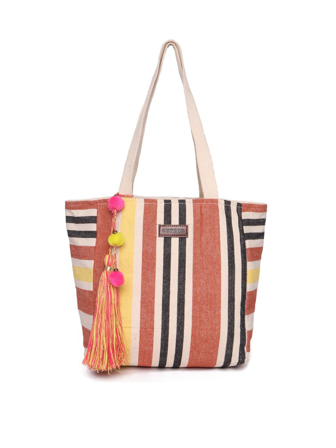 

ASTRID Striped Oversized Shopper Tote Bag with Tasselled, Tan