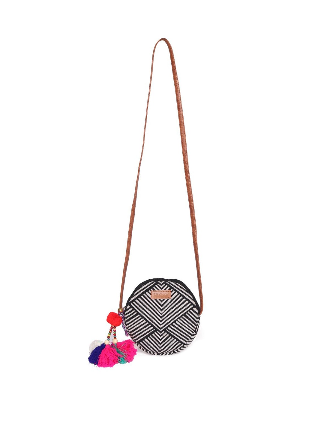 

ASTRID Printed Structured Canvas Sling Bag with Tasselled, Black