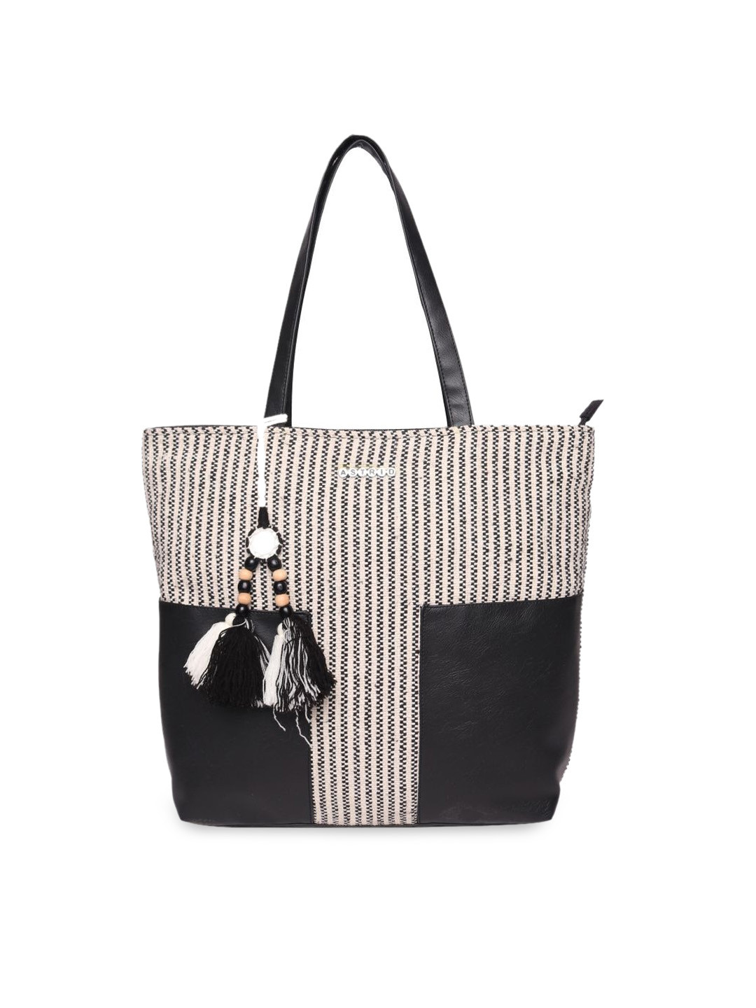 

ASTRID Striped Tasselled Shopper Tote Bag, Black