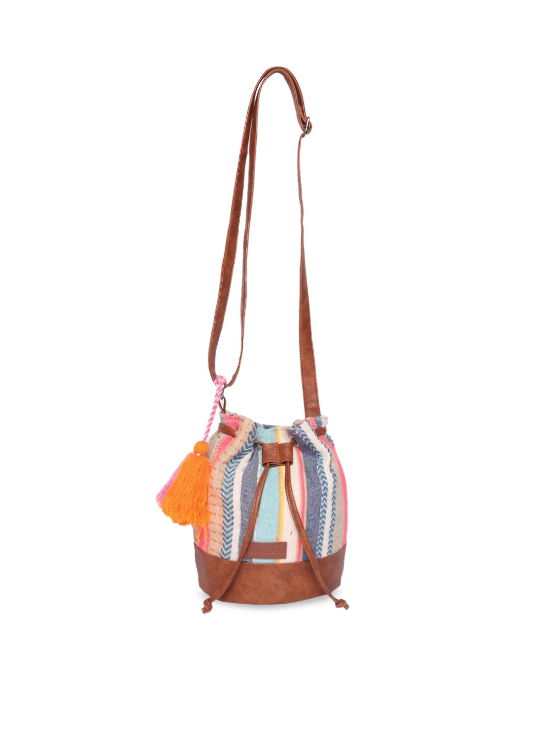 

ASTRID Striped Bucket Sling Bag with Tasselled, Brown