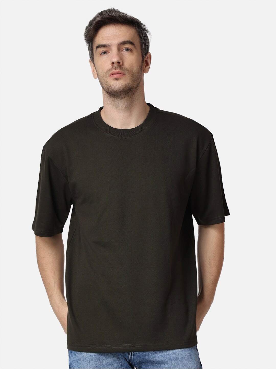 

The Label Bar Men Drop-Shoulder Sleeves Loose Fit Cotton T-shirt, Olive
