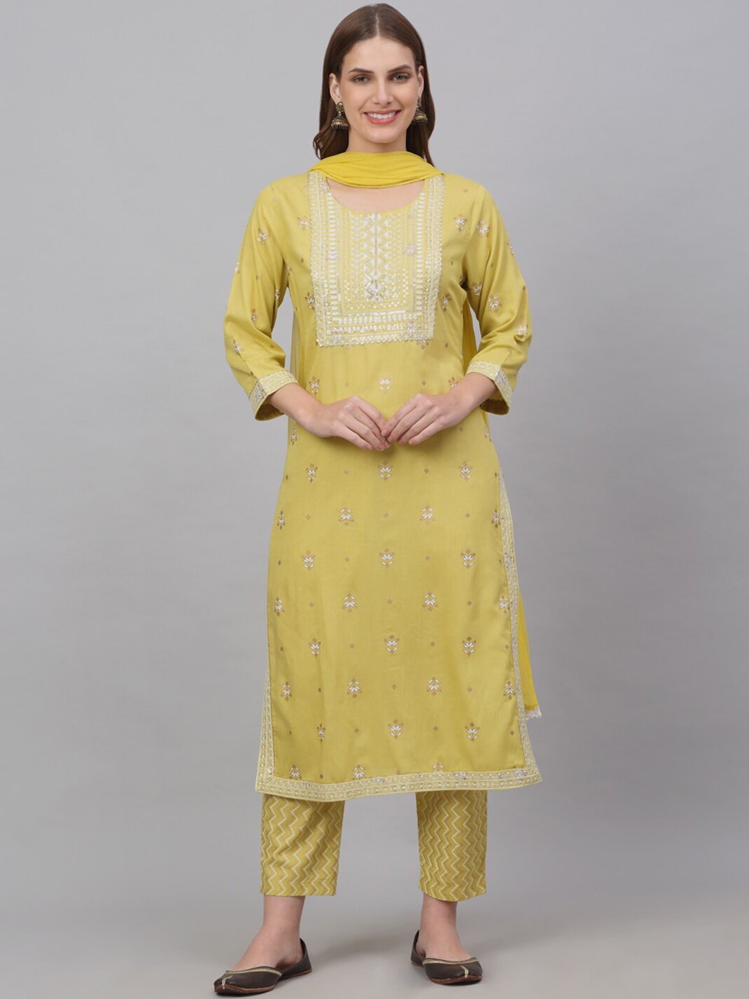 

KALINI Women Ethnic Motifs Yoke Design Sequinned Round Neck Kurta with Trousers & Dupatta, Mustard