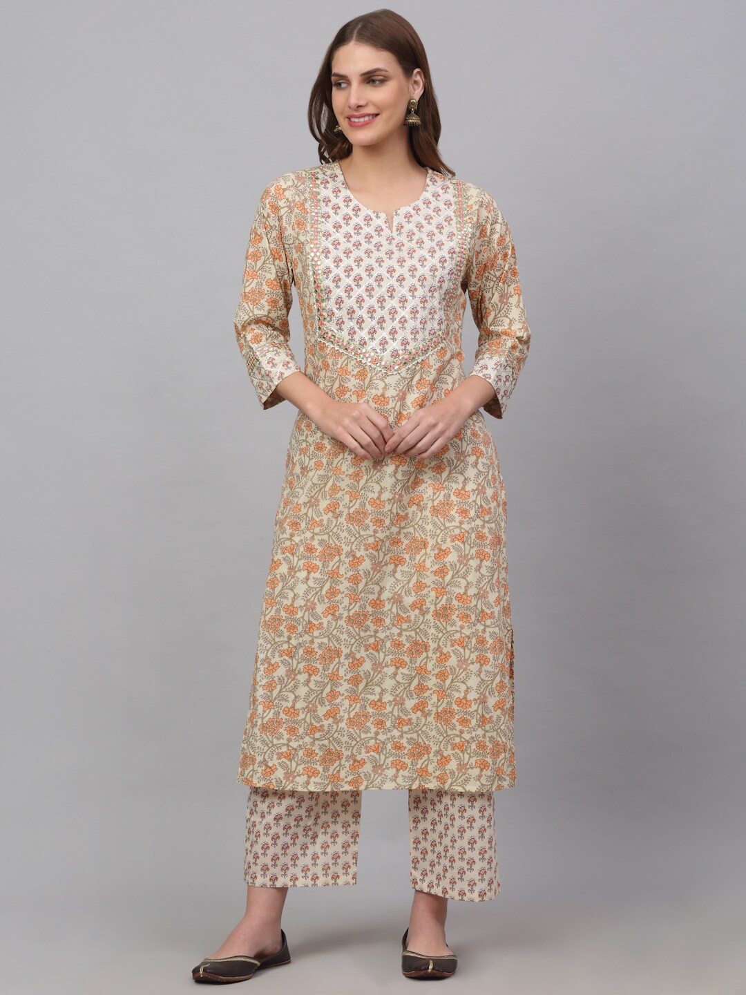 

KALINI Women Floral Printed Pure Cotton Kurta with Palazzos & With Dupatta, Cream