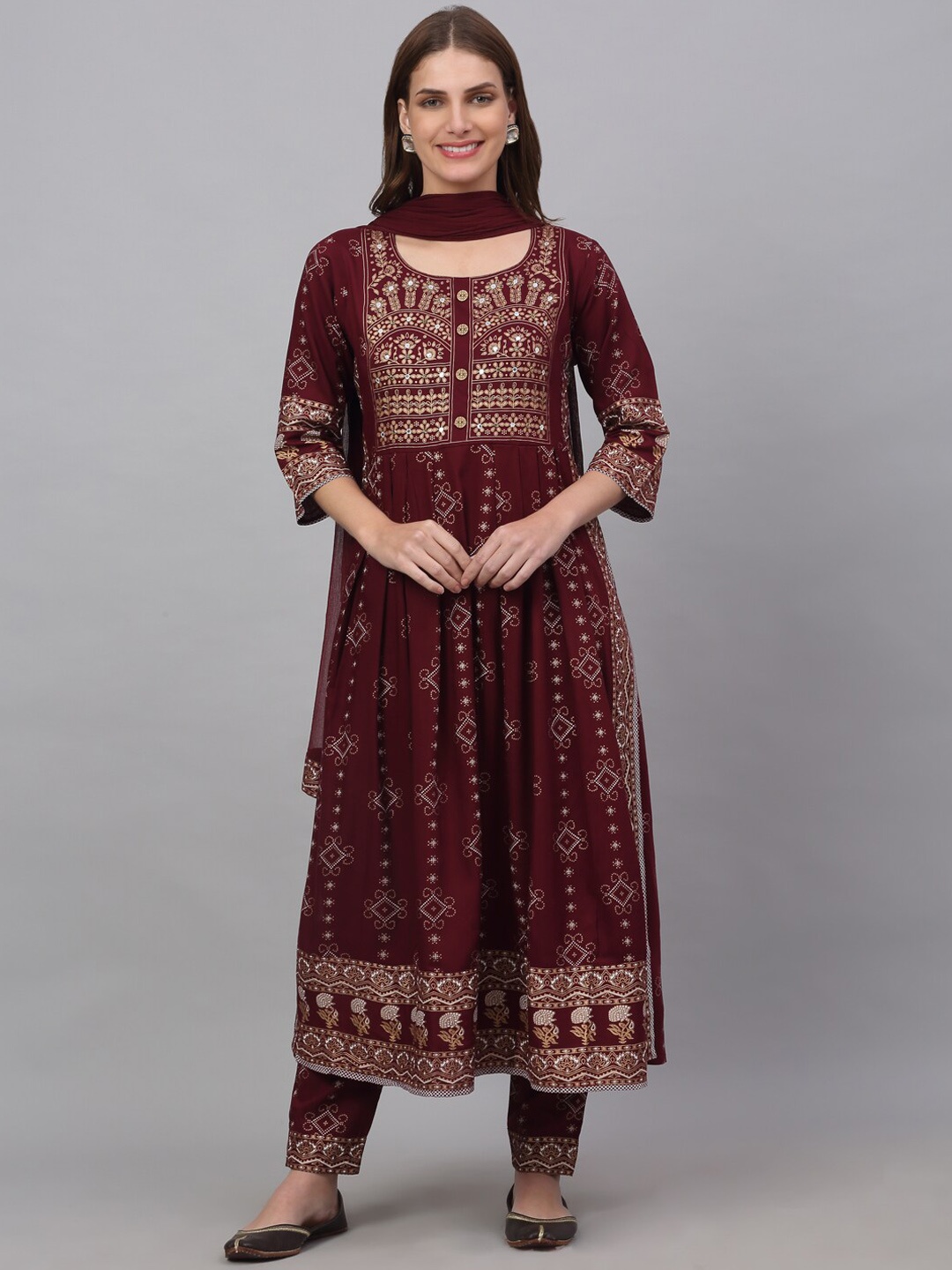 

KALINI Women Maroon Printed High Slit Kurta with Trousers & With Dupatta