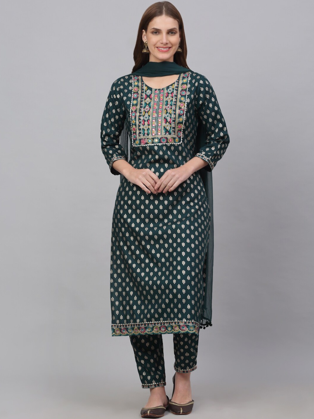 

KALINI Ethnic Motifs Printed Mirror Work Kurta with Trousers & With Dupatta, Green