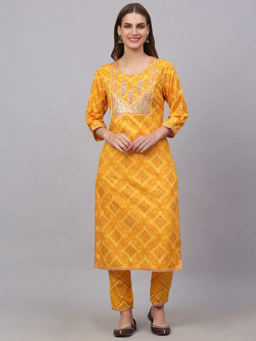 

KALINI Bandhani Printed Sequinned Kurta with Palazzos, Mustard