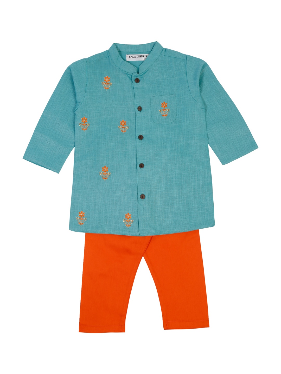 

SAKA DESIGNS Boys Floral Embroidered Pure Cotton Kurta with Pyjamas, Turquoise blue