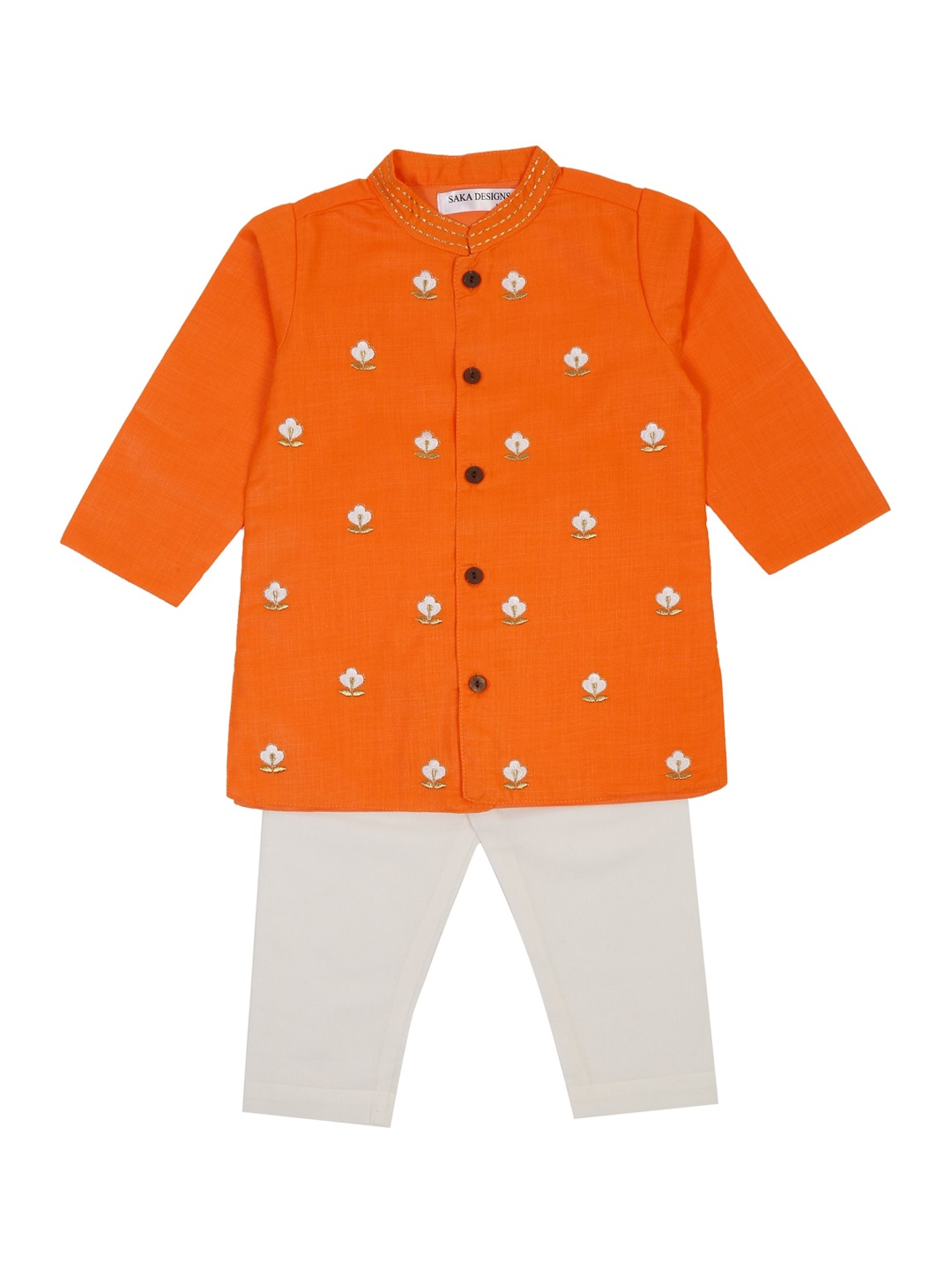 

SAKA DESIGNS Boys Floral Embroidered Pure Cotton Kurta with Pyjamas, Orange