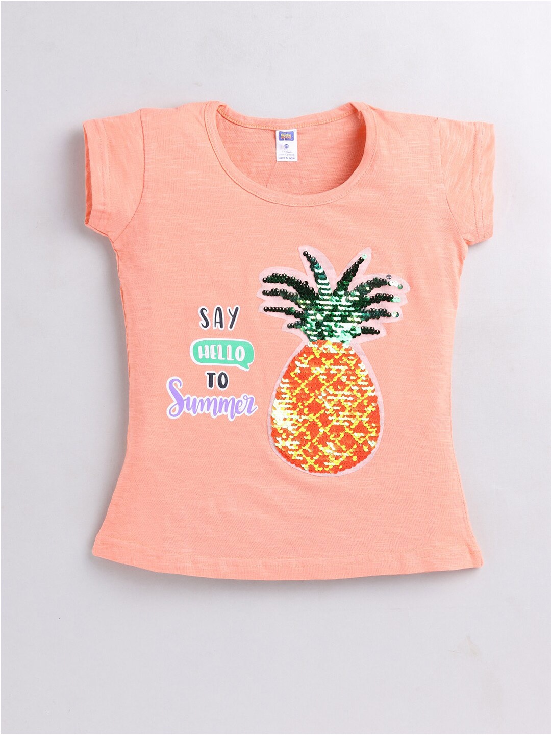 

Nottie Planet Girls Embellished Sequined Pure Cotton Top, Peach