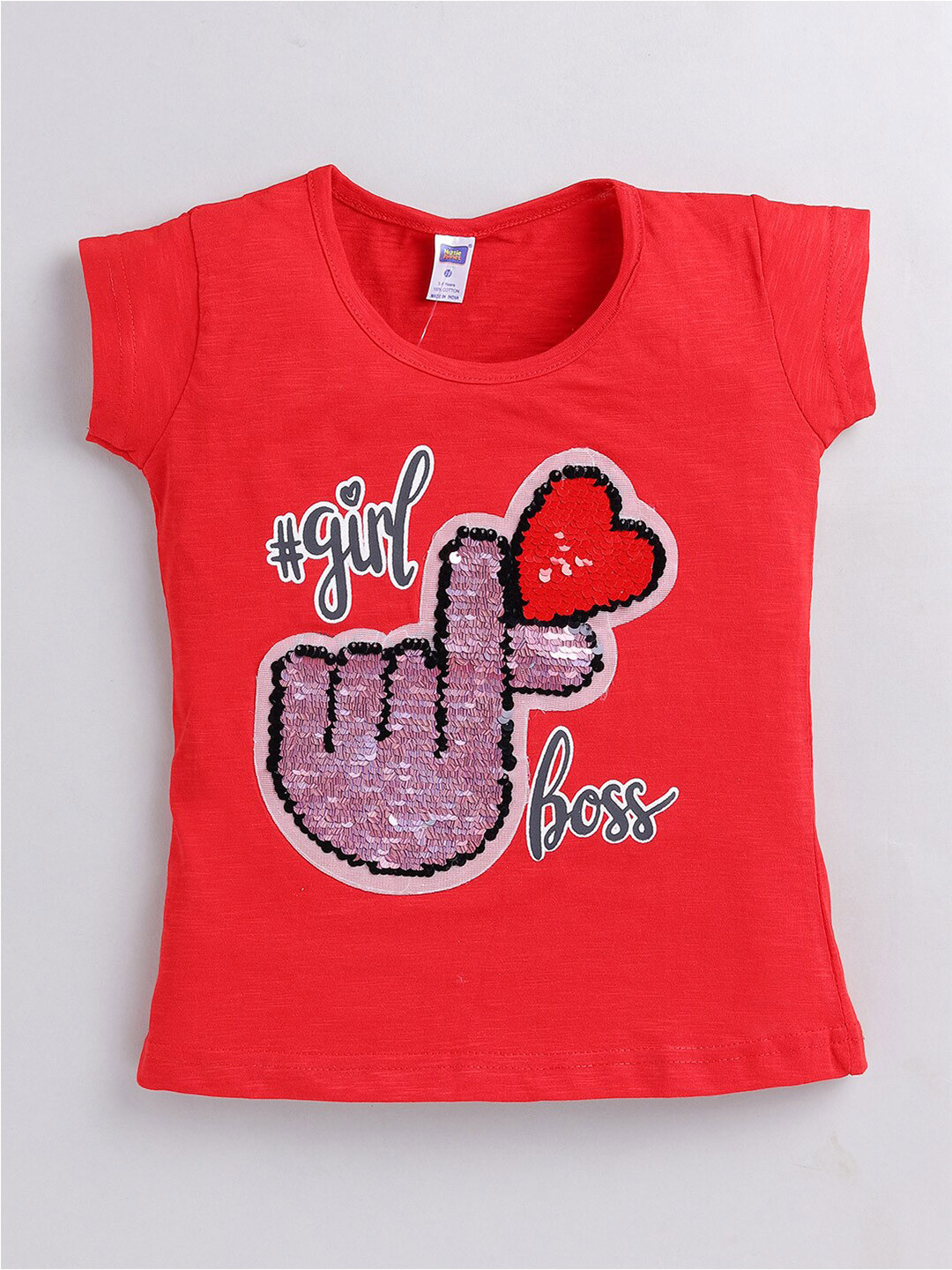 

Nottie Planet Girls Embellished Sequined Pure Cotton Top, Red