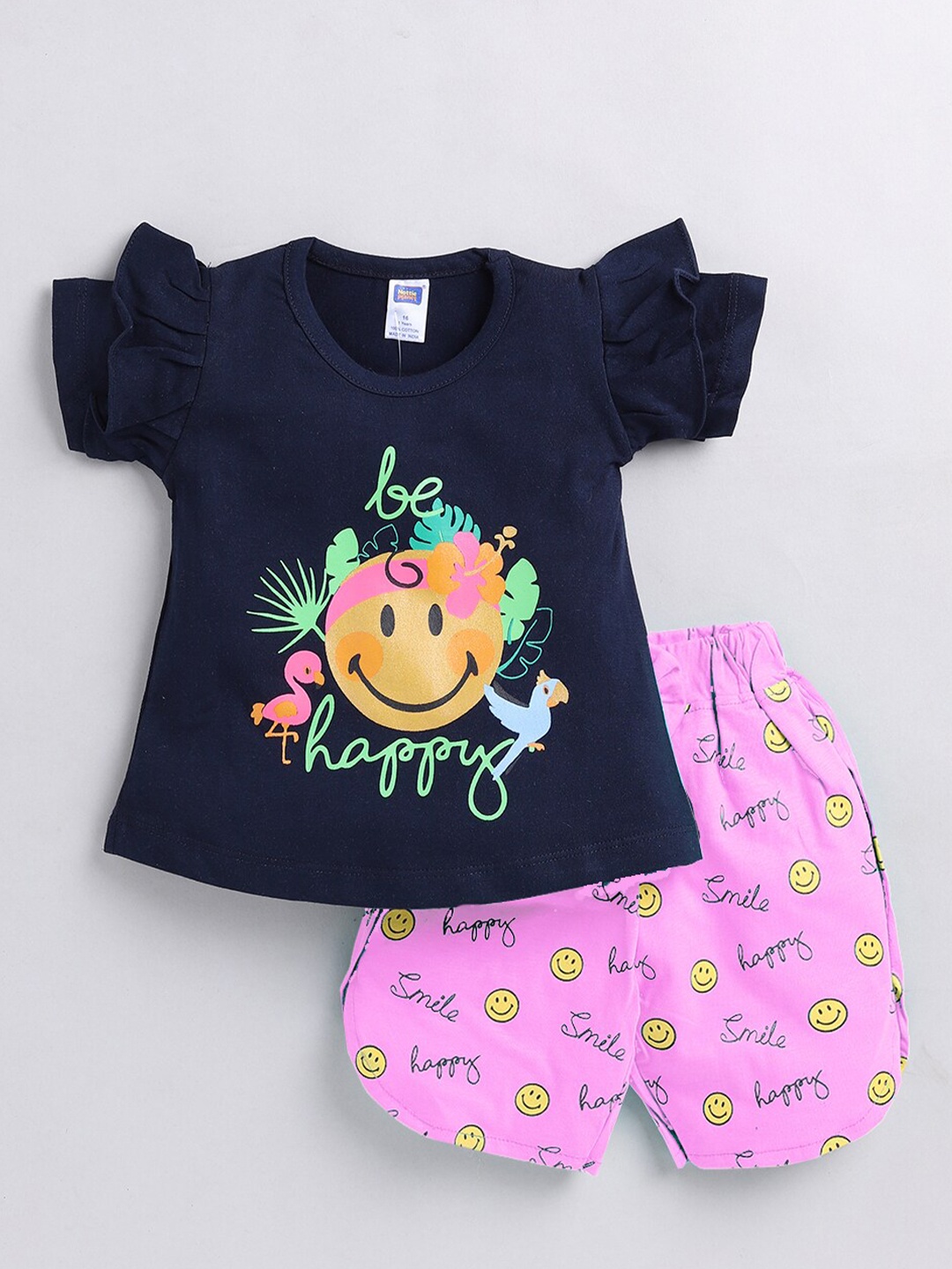 

Nottie Planet Girls Pure Cotton Printed Top with Shorts, Navy blue